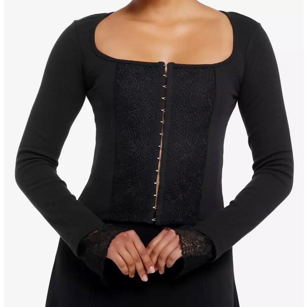 Thorn & Fable Black Lace Panel Girls Long-Sleeve Top